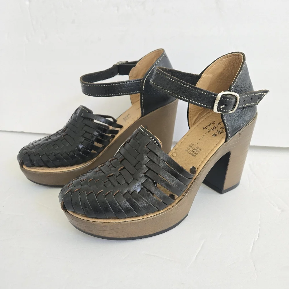 Black Leather Platform Ankle Strap Shoes size 6 Artisan made